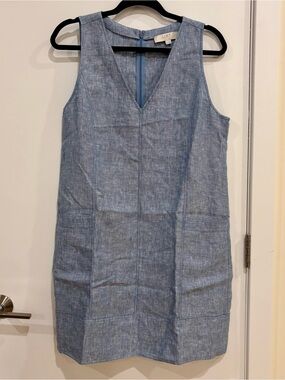LOFT 100% Linen Chambray Blue V-Neck Pockets Shift Dress Size 10